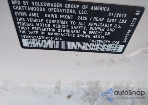 2013 Volkswagen Passat 2.0L Tdi Sel Premium z USA, uszkodzony, nr VIN 1VWCN7A37DC091334